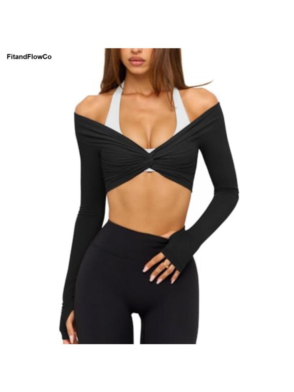 Twist Front Long Sleeve Workout Crop Top Off Shoulder Thumbholes Yoga Pilates